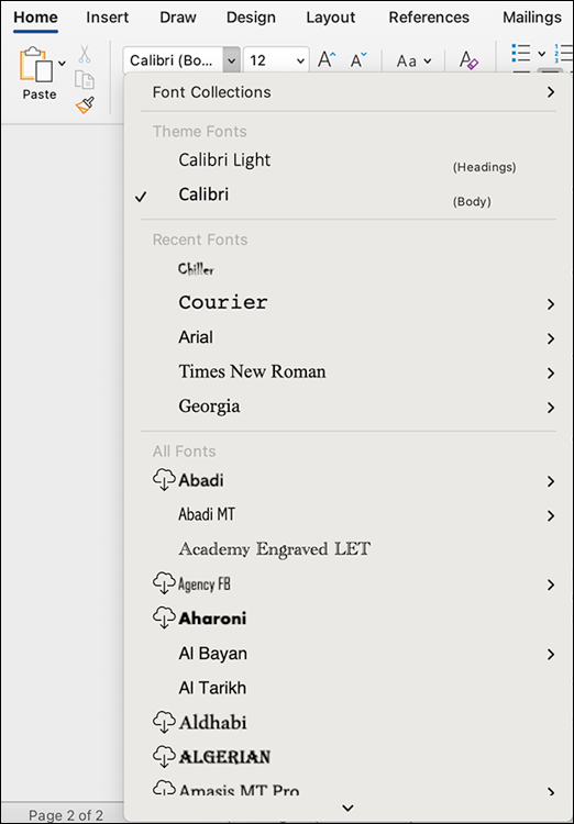 Snapshot shows the Home tab’s Font menu offers previews of fonts before you apply them to your text.