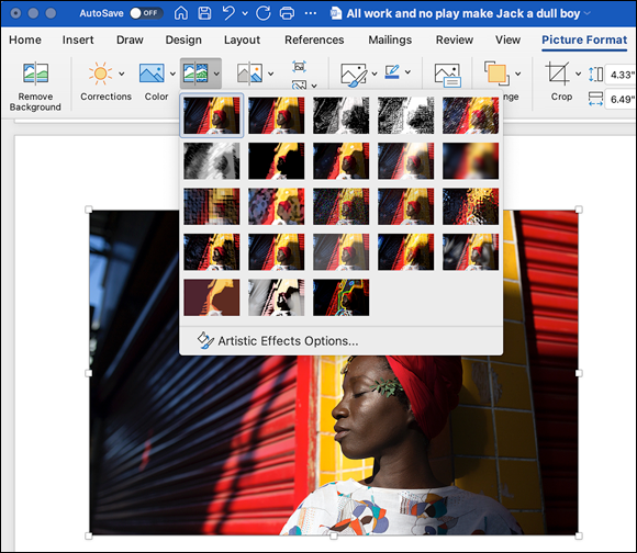 Snapshot shows Spice up your images using Artistic Effects in the Picture Format tab of the ribbon.