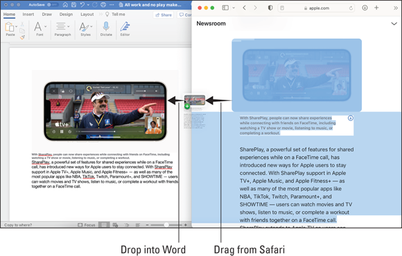 Snapshot shows Dragging text from your browser (Safari, in this case) to a Word document.