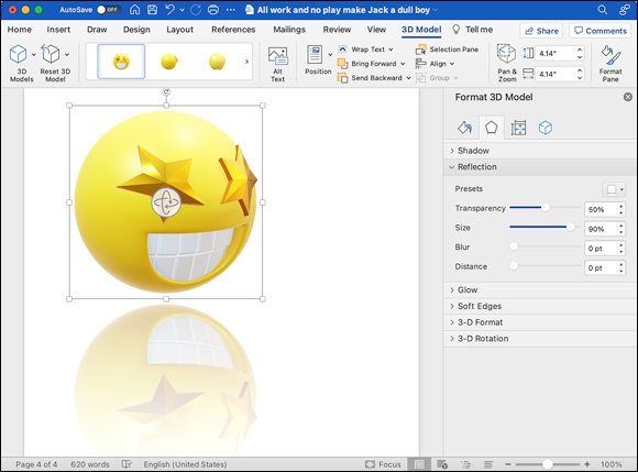 Snapshot shows applying a reflection effect to a 3D emoji.