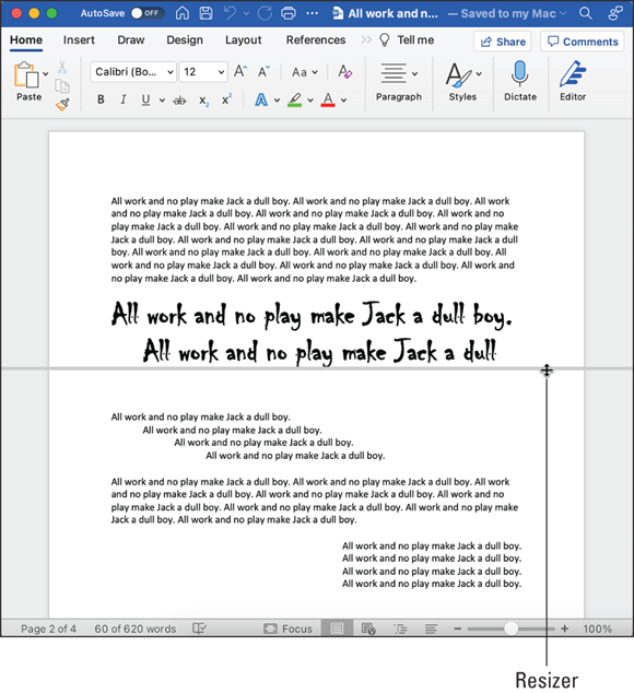 Snapshot shows Split the window to see two different parts of your document.