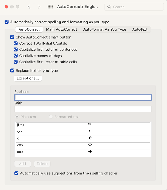 Snapshot shows Set your options in the AutoCorrect preference pane.