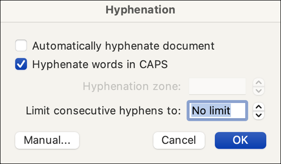 Snapshot shows the Hyphenation dialog and its options.