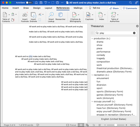 Snapshot shows Looking up the word play in the Thesaurus pane.