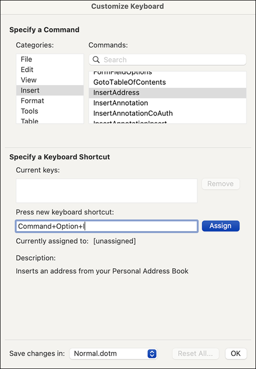 Snapshot shows assigning the keyboard shortcut ???+Option+I to the InsertAddress command.