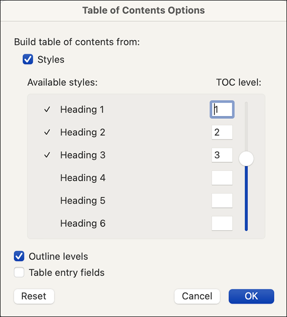 Snapshot shows assigning three styles to a table of contents (on the left) with the TOC level assigned to each one (on the right).