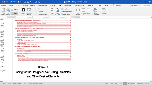 Snapshot shows a table of contents, automatically generated in Word.