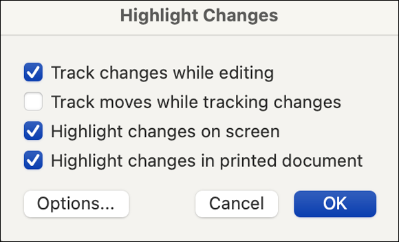 Snapshot shows the options help you determine how to view changes made to your document.