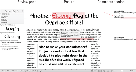 Snapshot shows the comment is displayed three ways: as a pop-up, in the Review pane, and in the markup area.