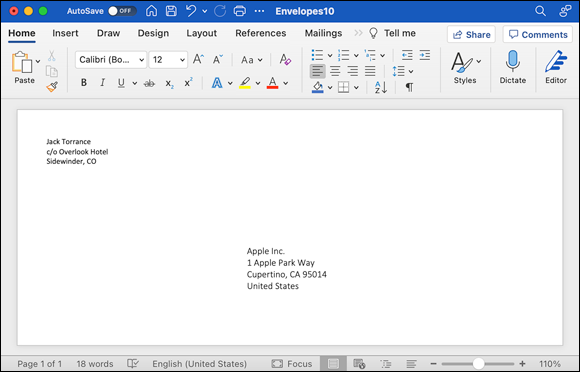 Snapshot shows an envelope document, awaiting editing or printing.