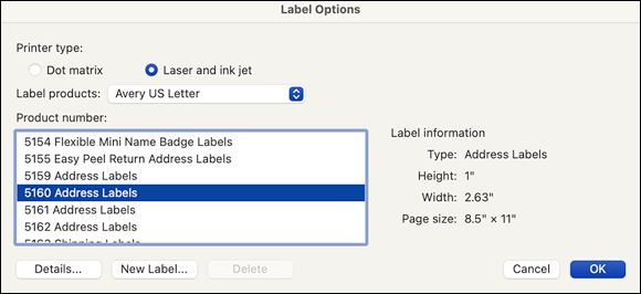 Snapshot shows Word knows how to create hundreds of different types of labels.