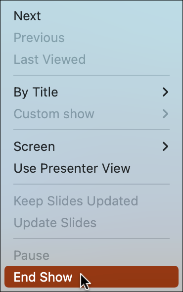 Snapshot shows Use this menu to get out of slide show view.