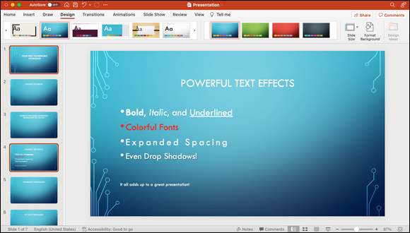 Snapshot shows applying the Circuit theme to a presentation.