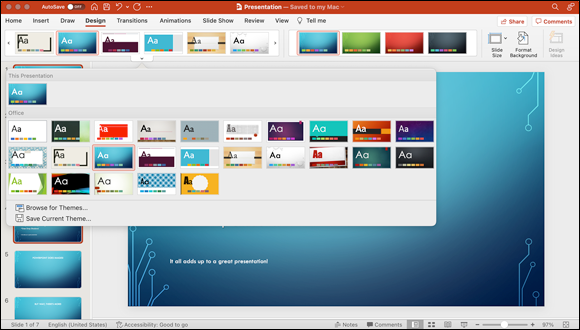 Snapshot shows a whole gaggle of themes awaits if you’ll but click the hidden arrow under the Themes strip!