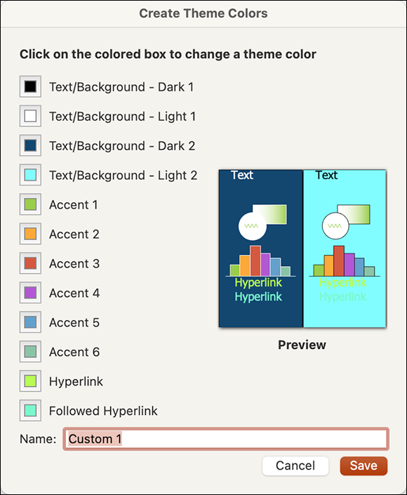 Snapshot shows Create your own color palette for your slides.