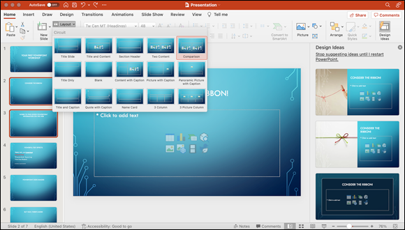 Snapshot shows applying the Comparison layout to the two selected slides.