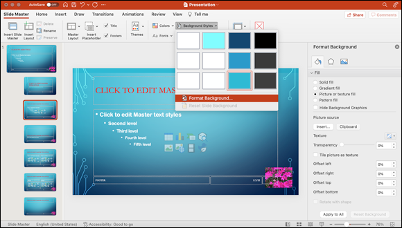 Snapshot shows the Format Background pane opens on the right side of the window.