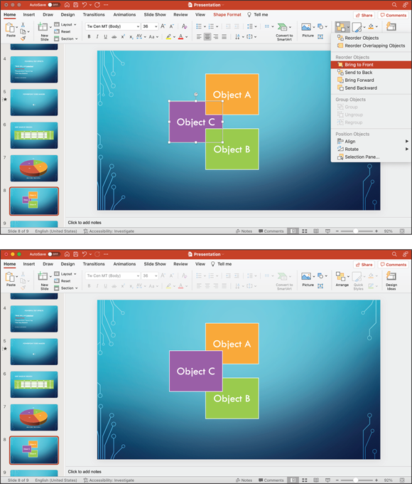 Snapshot shows Object C before (top) and after (bottom) being brought to the front.