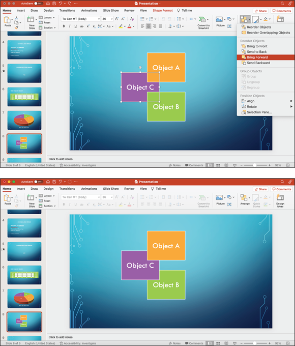 Snapshot shows Object C before (top) and after (bottom) being brought forward.