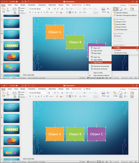 Snapshot shows Three objects before (top) and after (bottom) having their bottoms aligned.