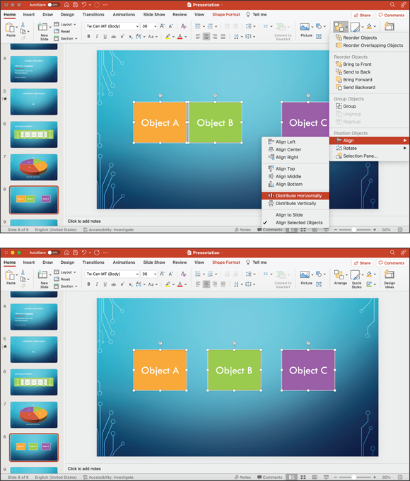 Snapshot shows Objects A, B, and C before (top) and after (bottom) being distributed horizontally.