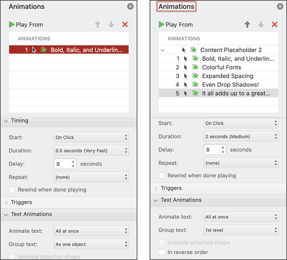 Snapshot shows animate the bullets all at once (left) or one at a time (right).