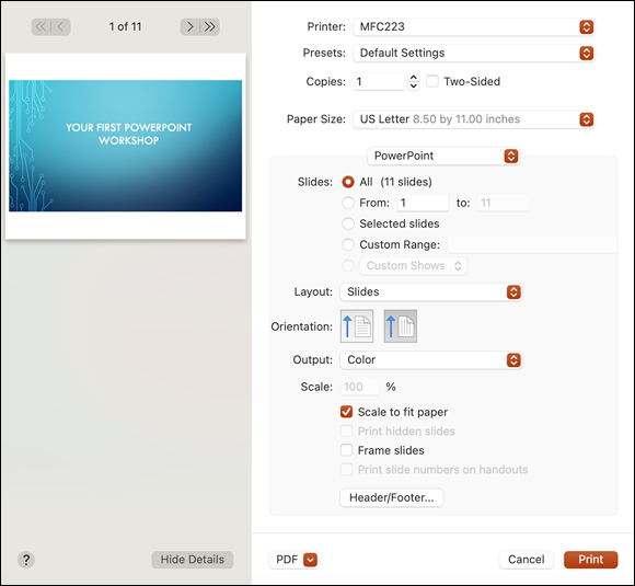 Snapshot shows the Print dialog, ready to print all eleven slides in this presentation.