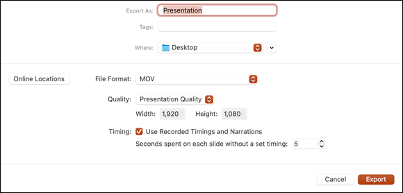 Snapshot shows the options when you save your presentation as a movie.