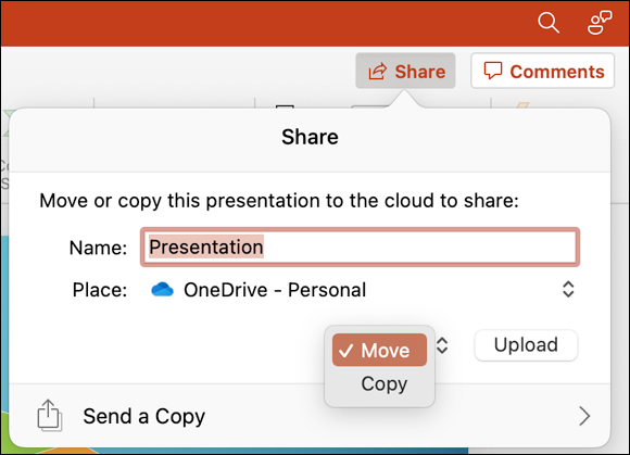 Snapshot shows Saving a presentation to OneDrive.