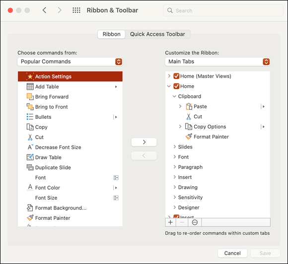 Snapshot shows Rearrange ribbon tabs and commands in PowerPoint Preferences.