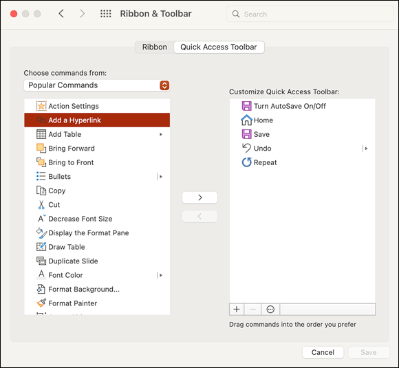 Snapshot shows Customize Quick Access toolbar commands in PowerPoint Preferences.