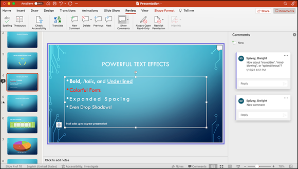 Snapshot shows PowerPoint comments look like this.