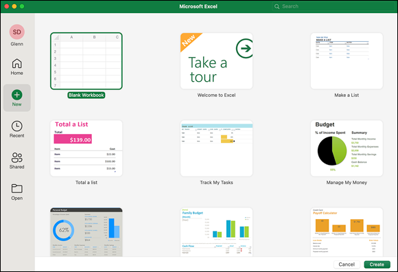 Snapshot shows Excel comes loaded with several local templates to choose from.