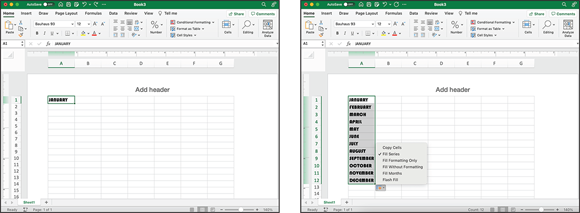 Snapshot shows Get a fill handle (left) and drag through the cells you want to fill (right).