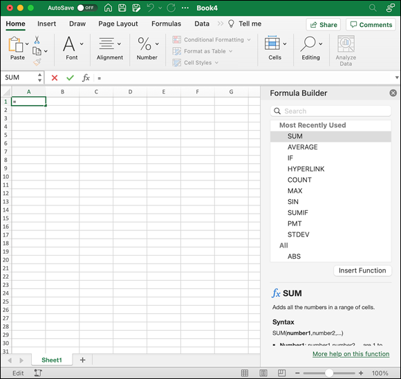 Snapshot shows Formula Builder makes finding and using Excel’s built-in functions easy.