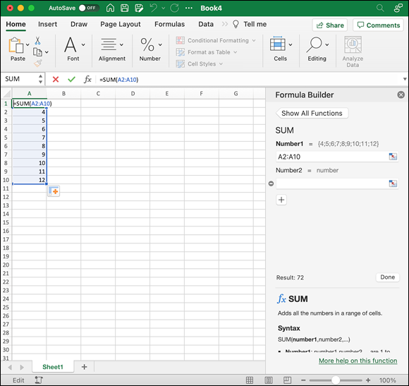 Snapshot shows Excel builds your formula as you fill in the blanks in Formula Builder.