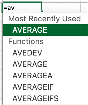 Snapshot shows Formula AutoComplete helps you cut down on typing by narrowing the list of available functions as you type.