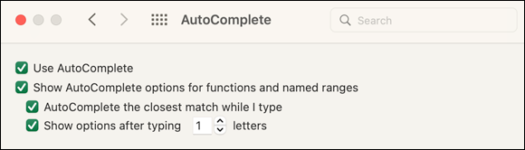 Snapshot shows Enable AutoComplete in Excel’s Preferences dialog.