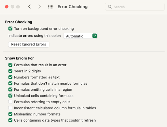 Snapshot shows Control the types of errors Excel checks for in the Error Checking pane.