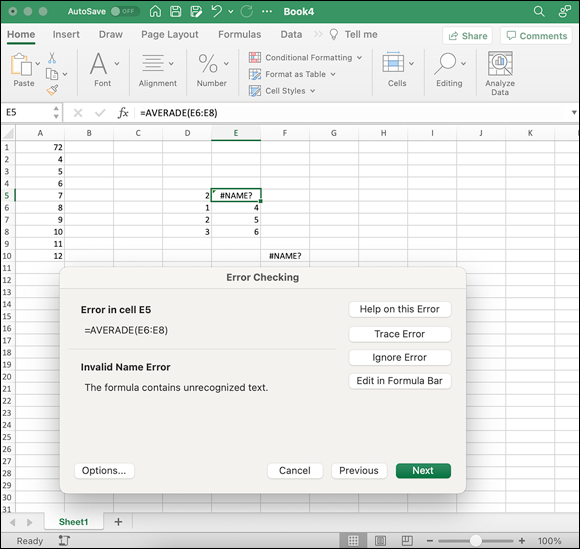 Snapshot shows Use the Error Checking dialog to easily locate problematic formulas.