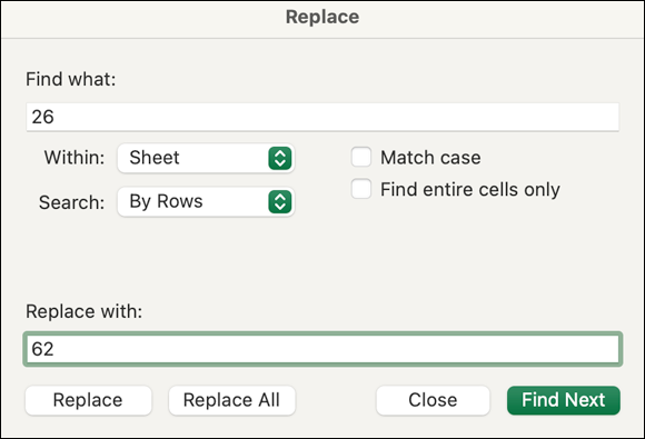 Snapshot shows Similar to the Find dialog, the Replace dialog lets you find data and specify replacement values for that data.