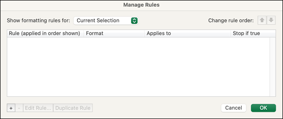 Snapshot shows Use the Manage Rules dialog to add conditional formatting rules.