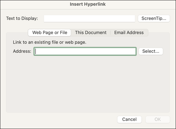 Snapshot shows Define your hyperlinks in the Insert Hyperlink dialog.