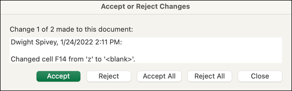 Snapshot shows Step through the change history in the Accept or Reject Changes dialog.