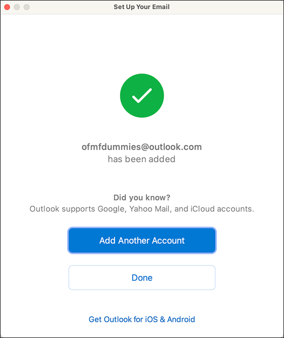 Snapshot shows a successful automatic configuration has set up an Outlook account.