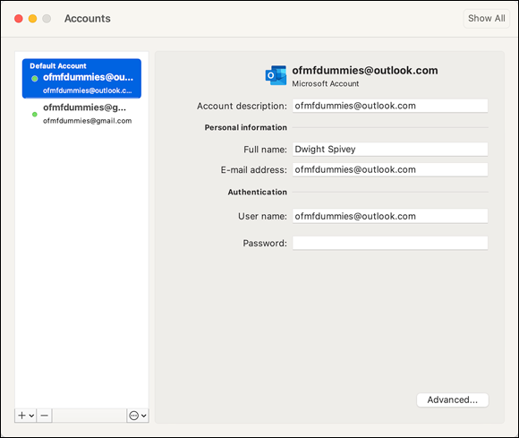 Snapshot shows Email accounts that you’ve added to Outlook appear in the Accounts pane.