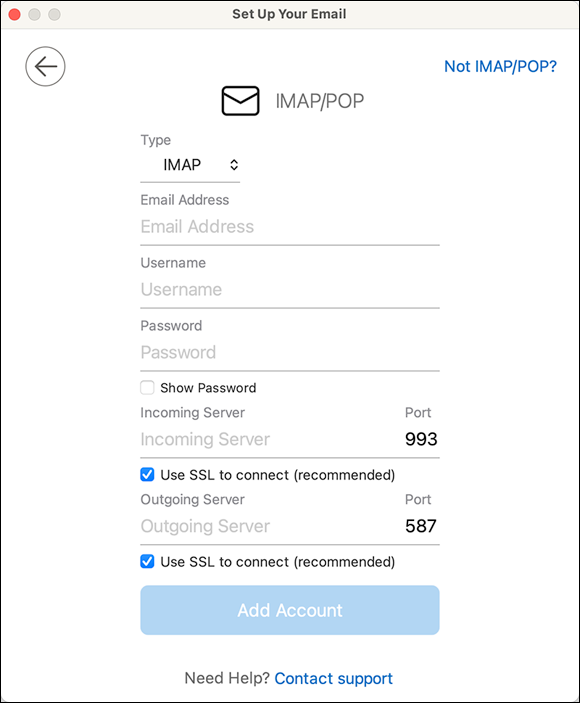 Snapshot shows Additional settings appear when you add an email account manually.