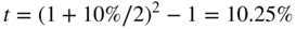 t equals left-parenthesis 1 plus 10 percent-sign slash 2 right-parenthesis squared minus 1 equals 10.25 percent-sign