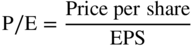 normal upper P slash normal upper E equals StartFraction Price p e r share Over upper E upper P upper S EndFraction