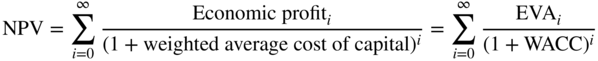 upper N upper P upper V equals sigma-summation Underscript i equals 0 Overscript infinity Endscripts StartFraction Economic profit Subscript i Baseline Over left-parenthesis 1 plus weighted average cost of capital right-parenthesis Superscript i Baseline EndFraction equals sigma-summation Underscript i equals 0 Overscript infinity Endscripts StartFraction upper E upper V upper A Subscript i Baseline Over left-parenthesis 1 plus WACC right-parenthesis Superscript i Baseline EndFraction